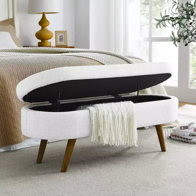 TUYOHW 43.5 Banco Otomano Ovalado de Almacenamiento de Tela, Banco de Almacenamiento Tapizado con Patas de Madera de Caucho, Otomana Reposapiés para Sala de Estar, Dormitorio, Entrada