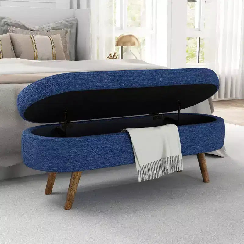 TUYOHW 43.5 Banco Otomano Ovalado de Almacenamiento de Tela, Banco de Almacenamiento Tapizado con Patas de Madera de Caucho, Otomana Reposapiés para Sala de Estar, Dormitorio, Entrada
