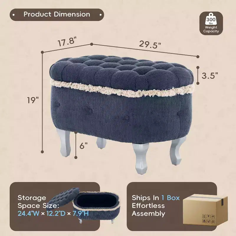 TUYOHW 29.5 Banco de Almacenamiento Tapizado, Banco para Pie de Cama de Tela con Botones Capitón y Flecos, Tapa Elevable, Banco para Pie de Cama para Dormitorio, Sala de Estar