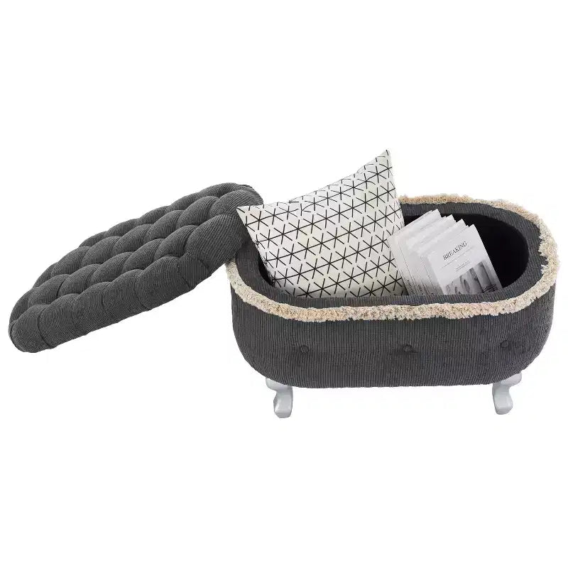 TUYOHW 29.5 Banco de Almacenamiento Tapizado, Banco para Pie de Cama de Tela con Botones Capitón y Flecos, Tapa Elevable, Banco para Pie de Cama para Dormitorio, Sala de Estar