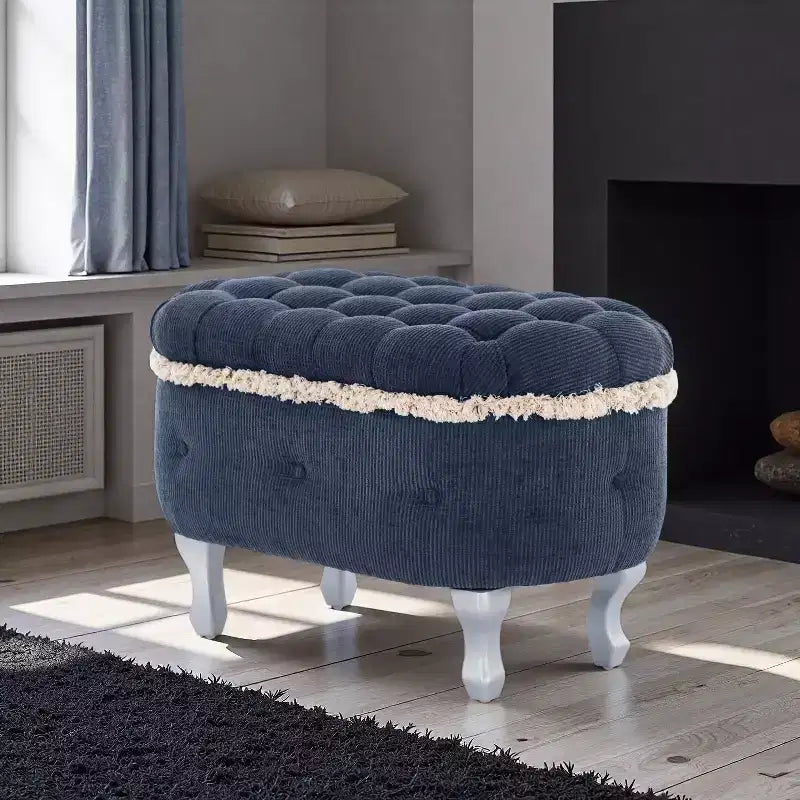 TUYOHW 29.5 Banco de Almacenamiento Tapizado, Banco para Pie de Cama de Tela con Botones Capitón y Flecos, Tapa Elevable, Banco para Pie de Cama para Dormitorio, Sala de Estar