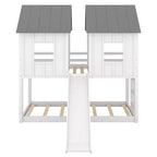 Litera doble sobre doble Luxystar tipo casita con tobogán y ventanas para habitación infantil, blanco+gris