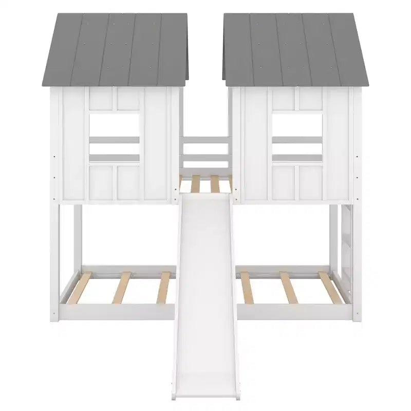 Litera doble sobre doble Luxystar tipo casita con tobogán y ventanas para habitación infantil, blanco+gris