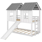 Litera doble sobre doble Luxystar tipo casita con tobogán y ventanas para habitación infantil, blanco+gris