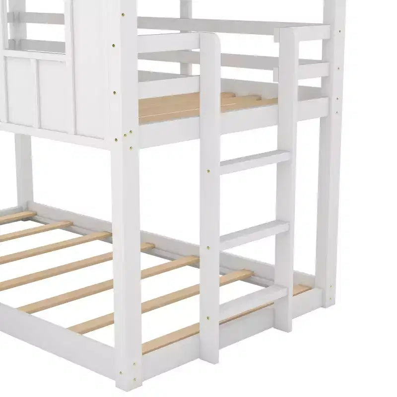 Litera doble sobre doble Luxystar tipo casita con tobogán y ventanas para habitación infantil, blanco+gris