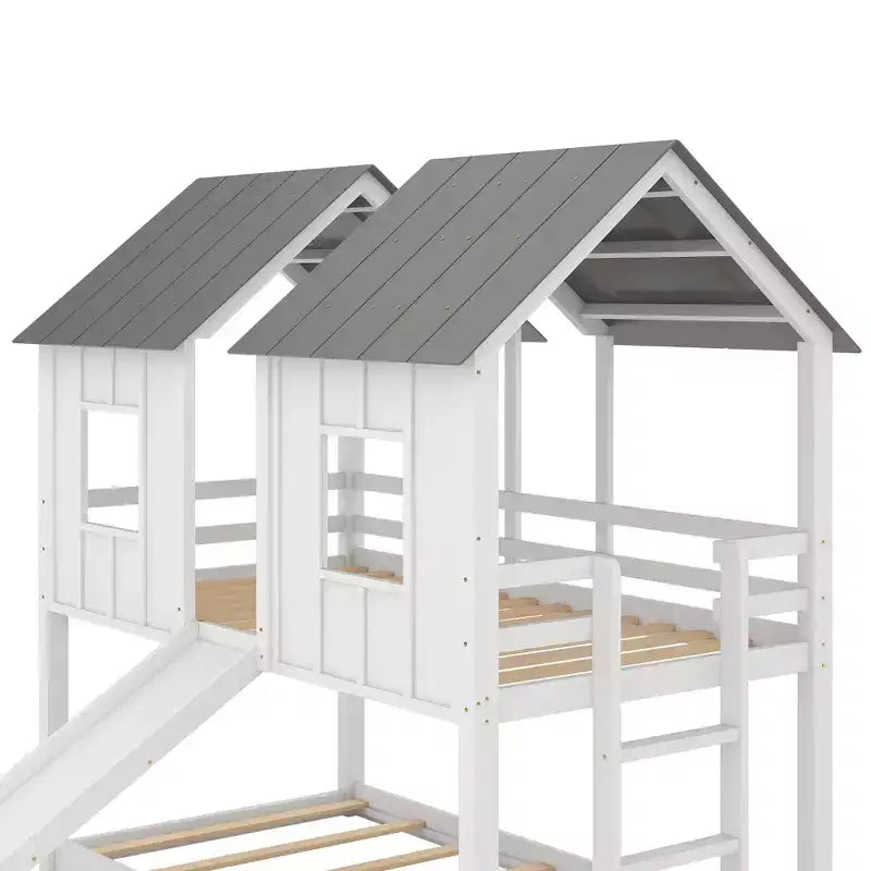 Litera doble sobre doble Luxystar tipo casita con tobogán y ventanas para habitación infantil, blanco+gris