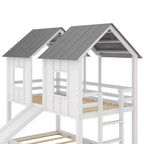 Litera doble sobre doble Luxystar tipo casita con tobogán y ventanas para habitación infantil, blanco+gris