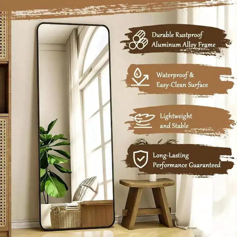Espejo de pie de cuerpo entero de 56 x 21 pulgadas, espejo de pie de cuerpo entero con esquinas redondeadas, espejos rectangulares con soporte, color negro, para dormitorio y sala de estar.