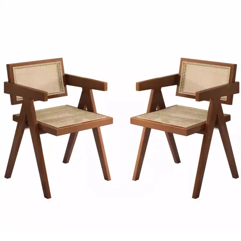 JVNOXK Modern Mid Century Dining Chairs Set of 2, Rattan Accent Chairs, Comfy Armchairs, Outdoor Wood Chairs with Armrest for Bedroom, Brown