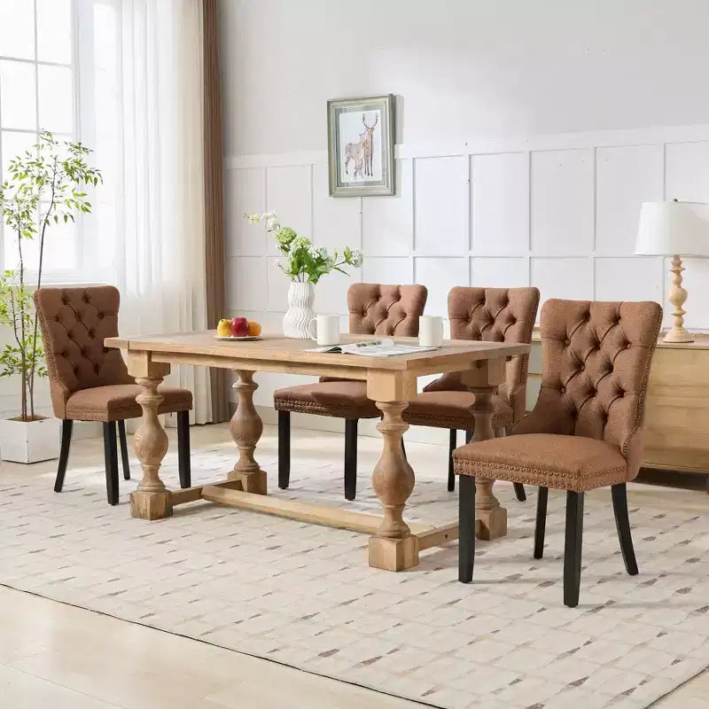 TUYOHW Sillas de Comedor Contemporáneas, 2 Piezas Elegantes Sillas Auxiliares Tapizadas, Sillas de Comedor de Lino Suave, Patas de Madera Maciza y Ribete de Tachuelas, 300lbs Máx.