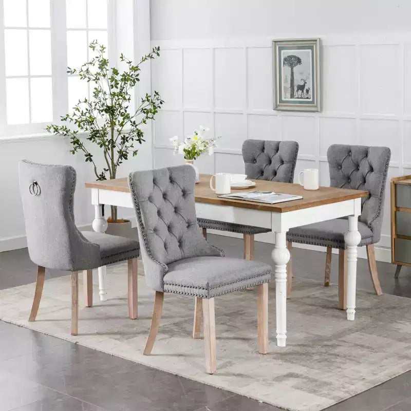 TUYOHW Sillas de Comedor Contemporáneas, 2 Piezas Elegantes Sillas Auxiliares Tapizadas, Sillas de Comedor de Lino Suave, Patas de Madera Maciza y Ribete de Tachuelas, 300lbs Máx.