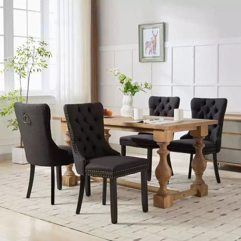 TUYOHW Sillas de Comedor Contemporáneas, 2 Piezas Elegantes Sillas Auxiliares Tapizadas, Sillas de Comedor de Lino Suave, Patas de Madera Maciza y Ribete de Tachuelas, 300lbs Máx.