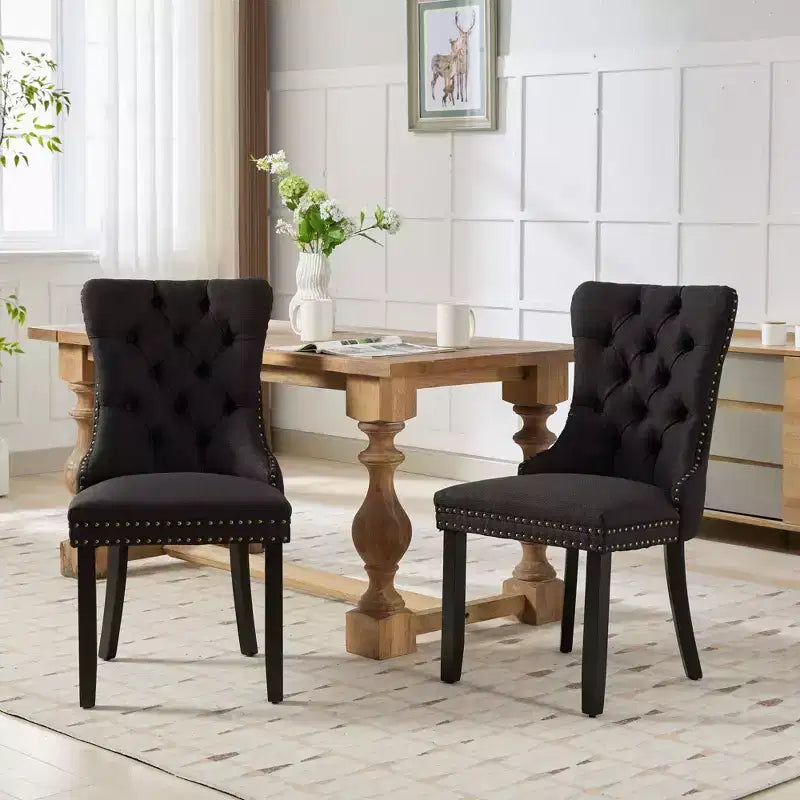 TUYOHW Sillas de Comedor Contemporáneas, 2 Piezas Elegantes Sillas Auxiliares Tapizadas, Sillas de Comedor de Lino Suave, Patas de Madera Maciza y Ribete de Tachuelas, 300lbs Máx.