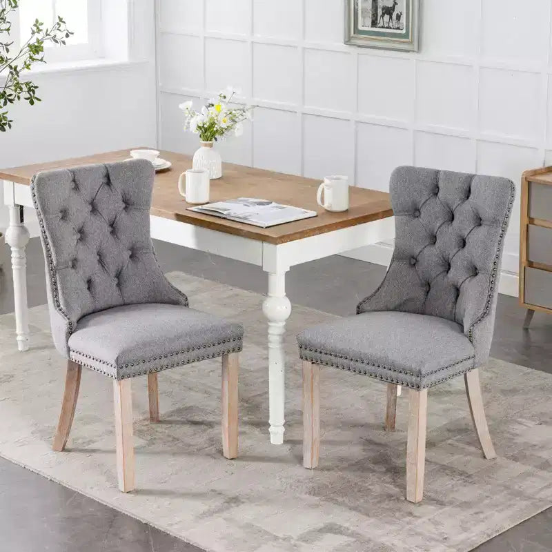 TUYOHW Sillas de Comedor Contemporáneas, 2 Piezas Elegantes Sillas Auxiliares Tapizadas, Sillas de Comedor de Lino Suave, Patas de Madera Maciza y Ribete de Tachuelas, 300lbs Máx.
