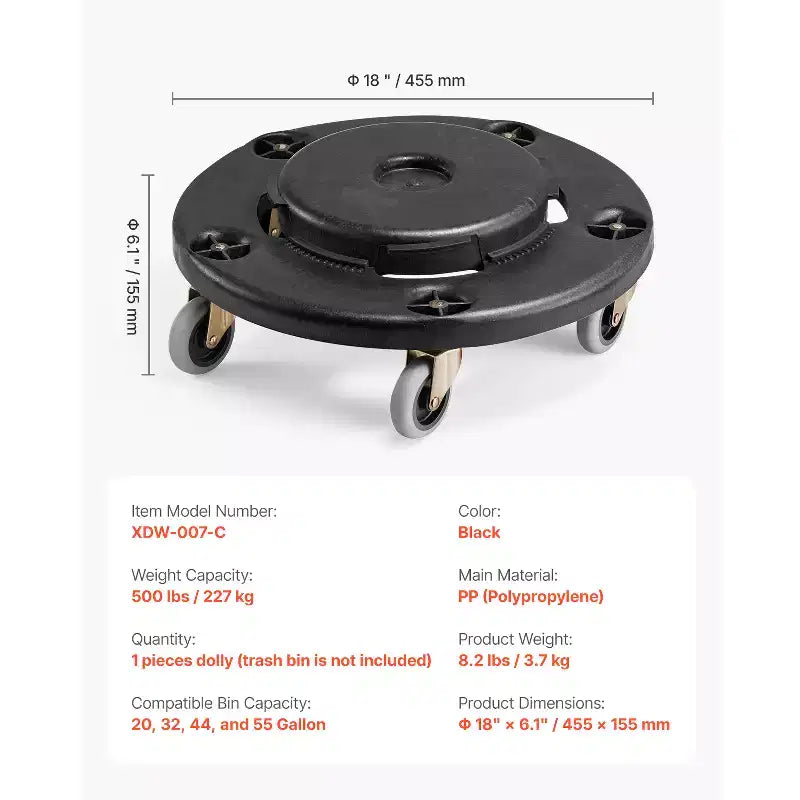 Base con Ruedas para Cubo de Basura VEVOR, Compatible con Contenedores de 20, 32, 44 y 55 Galones, Base Redonda con 4 Ruedas Bloqueables, Capacidad de Carga de 500 lb, Negro