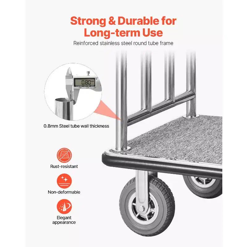 VEVOR Carro para Equipaje de Hotel, Capacidad de Carga de 1200 Libras, Carro de Botones con Acabado de Acero Inoxidable Cepillado, Carro de Valet con Plataforma Alfombrada Gris y Ruedas de 8 Pulgadas, Plateado