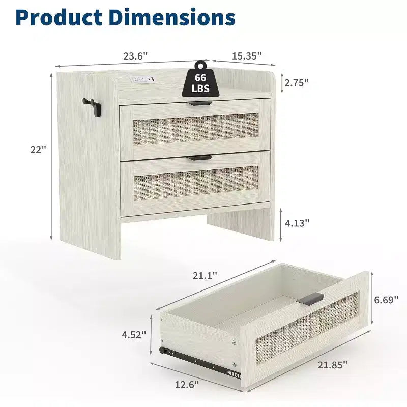 Mesita de noche de ratán, mesa auxiliar con 2 cajones de almacenamiento, mesita auxiliar estilo bohemio para dormitorio, sala de estar, oficina, mesita de noche grande