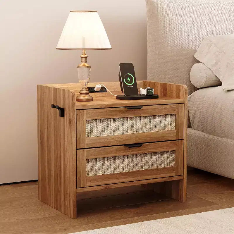 Rattan Nightstand, Bedside Table with 2 Storage Drawer Space, Boho End Table Side Table for Bedroom Living Room Office, Large Night Stand