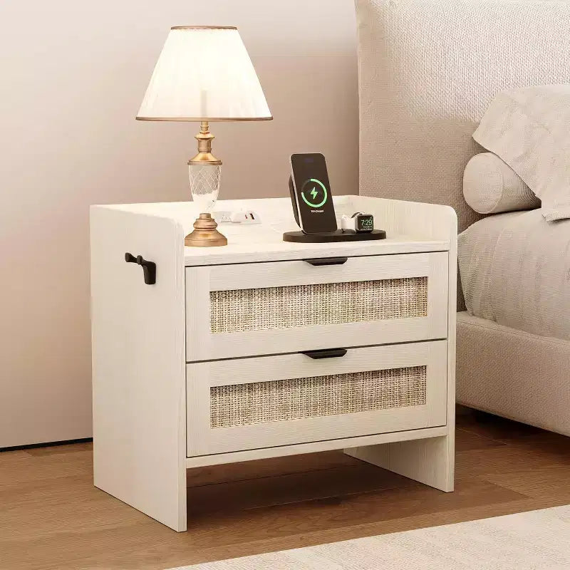 Mesita de noche de ratán, mesa auxiliar con 2 cajones de almacenamiento, mesita auxiliar estilo bohemio para dormitorio, sala de estar, oficina, mesita de noche grande