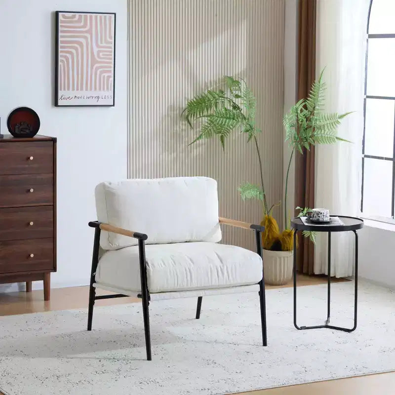 MAYEERTY 27.56 Sillón Moderno, Cojines de Felpa, Marco de Metal Minimalista, Reposabrazos de Madera, Sala de Estar, Dormitorio, Oficina