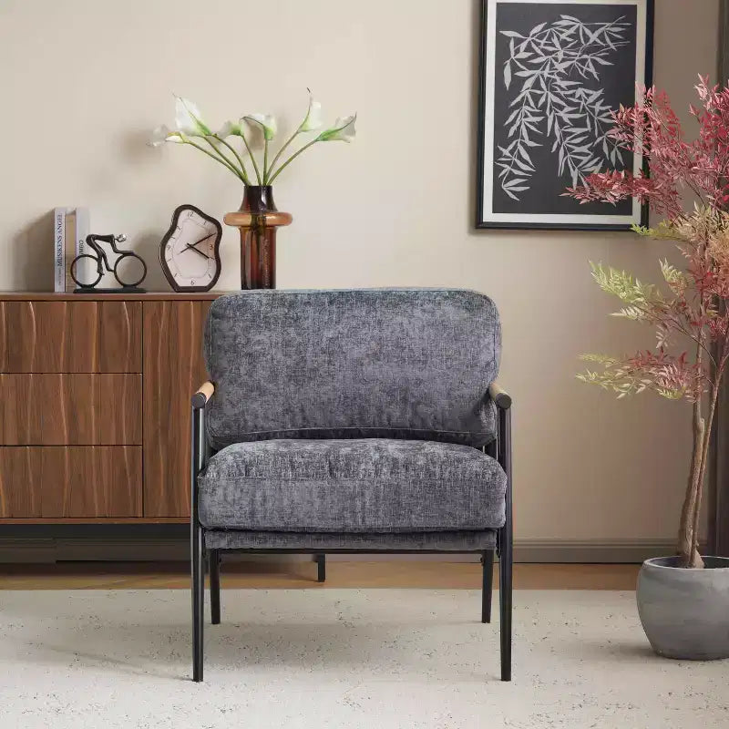 MAYEERTY 27.56 Sillón Moderno, Cojines de Felpa, Marco de Metal Minimalista, Reposabrazos de Madera, Sala de Estar, Dormitorio, Oficina