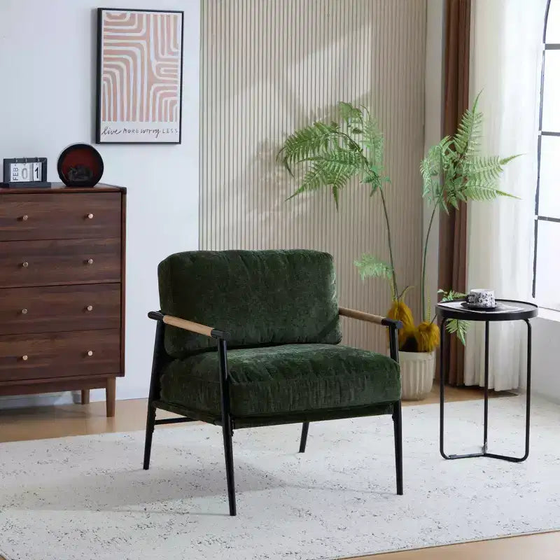 MAYEERTY 27.56 Sillón Moderno, Cojines de Felpa, Marco de Metal Minimalista, Reposabrazos de Madera, Sala de Estar, Dormitorio, Oficina