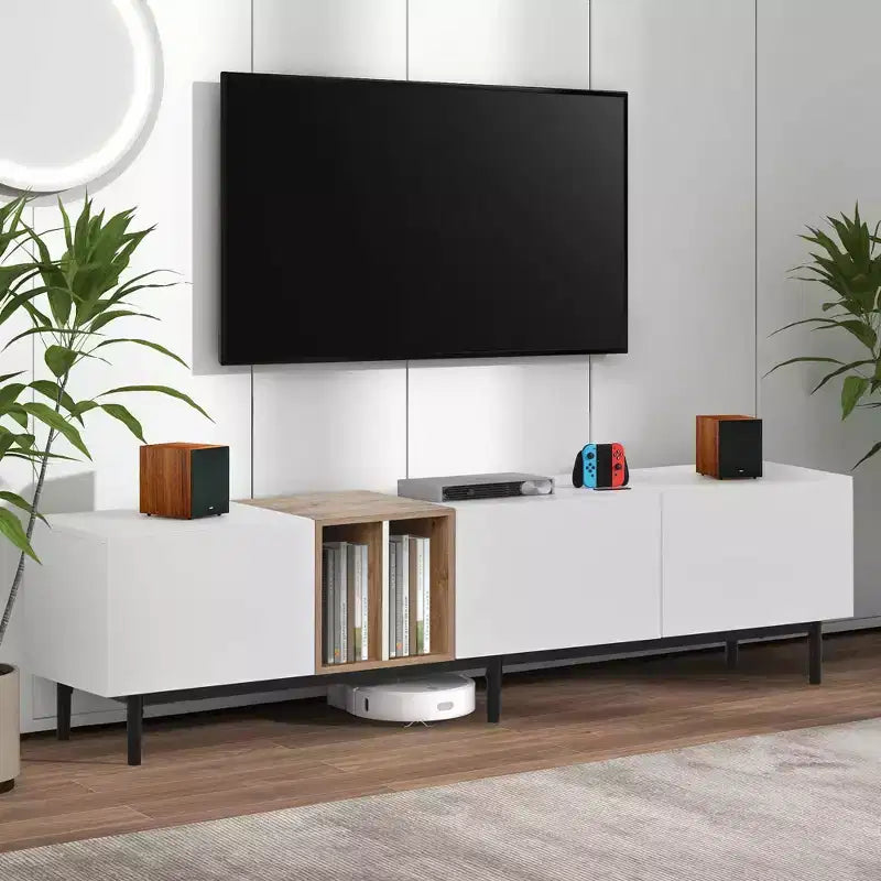 Mueble de TV Moderno MAYEERTY para TV de 80 pulgadas con 3 Puertas, Centro de Entretenimiento con Gran Armario de Almacenamiento para Sala de Estar Dormitorio, Blanco