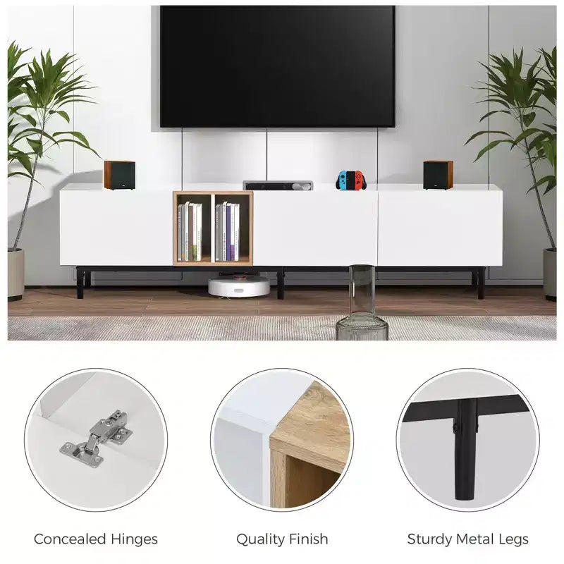 Mueble de TV Moderno MAYEERTY para TV de 80 pulgadas con 3 Puertas, Centro de Entretenimiento con Gran Armario de Almacenamiento para Sala de Estar Dormitorio, Blanco