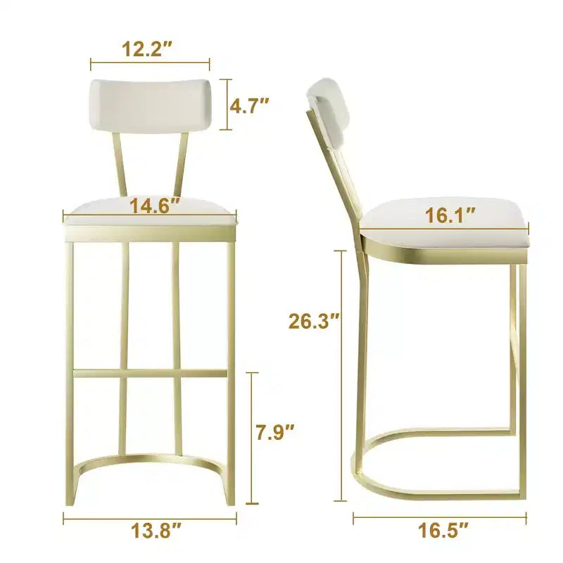 Juego de 4 taburetes de bar, taburetes de bar de altura de encimera con respaldo alto con tapicería de terciopelo blanco y patas de metal dorado, taburetes de isla de cocina acolchados suaves, sillas de bar