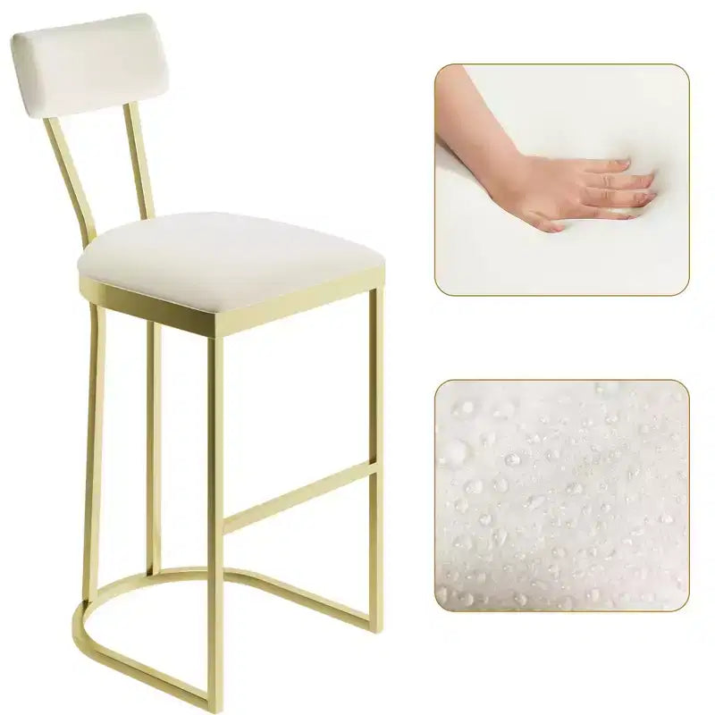 Juego de 4 taburetes de bar, taburetes de bar de altura de encimera con respaldo alto con tapicería de terciopelo blanco y patas de metal dorado, taburetes de isla de cocina acolchados suaves, sillas de bar