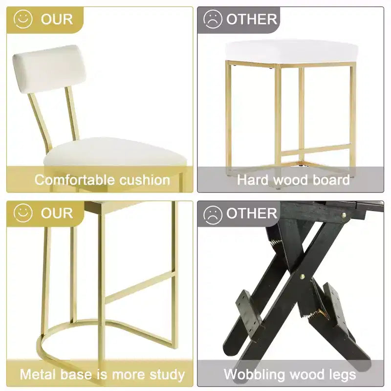 Juego de 4 taburetes de bar, taburetes de bar de altura de encimera con respaldo alto con tapicería de terciopelo blanco y patas de metal dorado, taburetes de isla de cocina acolchados suaves, sillas de bar