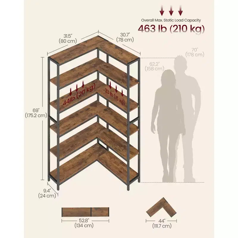 Estantería esquinera de 6 niveles, estantería de metal convertible con patas ajustables, capacidad de 210 kg para sala de estar u oficina, marrón rústico y negro