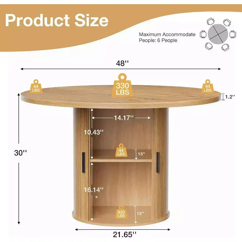 Mesa de comedor redonda Hommpa de 48 pulgadas con almacenamiento - Estante ajustable de 3 niveles, estilo rústico moderno, asientos para 4-6 personas