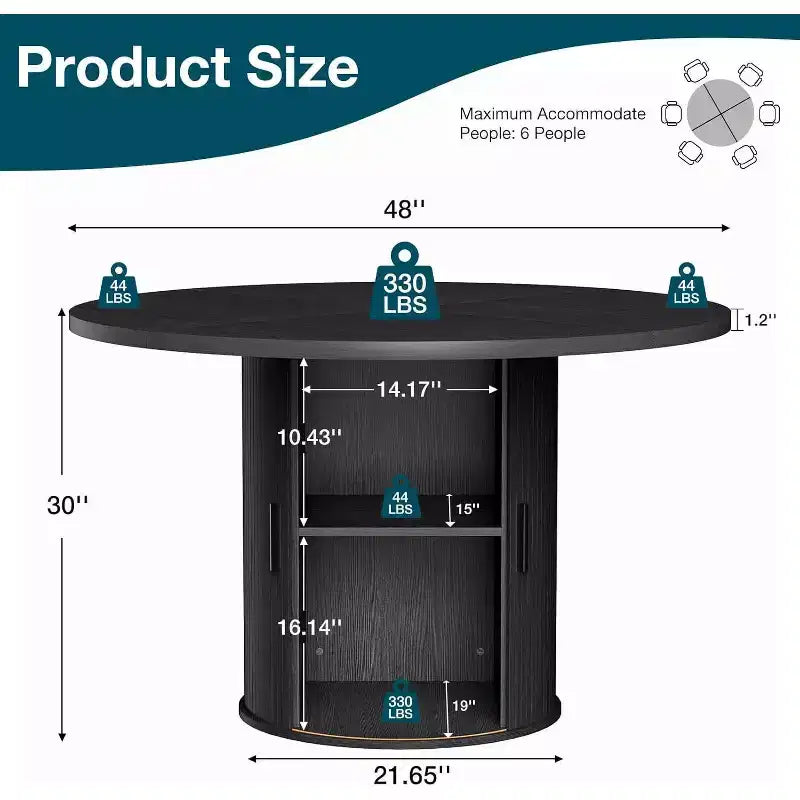 Mesa de comedor redonda Hommpa de 48 pulgadas con almacenamiento - Estante ajustable de 3 niveles, estilo rústico moderno, asientos para 4-6 personas