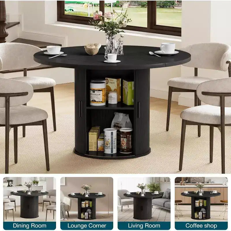 Mesa de comedor redonda Hommpa de 48 pulgadas con almacenamiento - Estante ajustable de 3 niveles, estilo rústico moderno, asientos para 4-6 personas