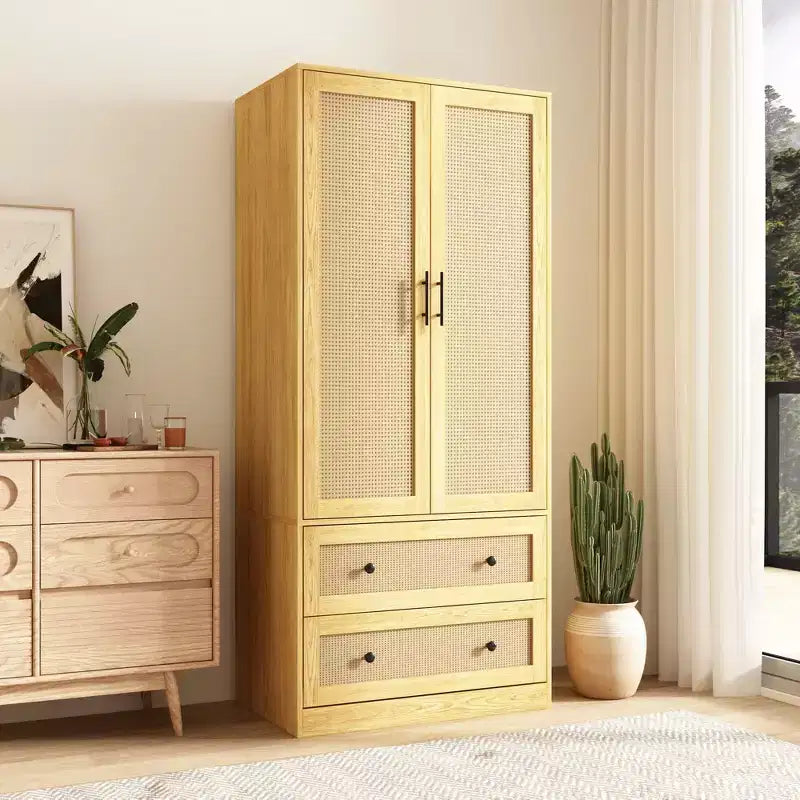Armario auxiliar Hitow de madera clara y ratán: Almacenamiento de 2 cajones + bisagras suaves para organizar la ropa del dormitorio