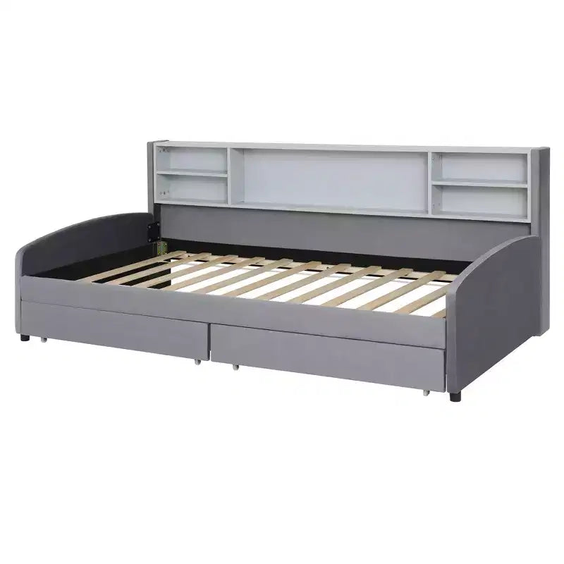 Cama de plataforma tapizada de terciopelo tamaño individual Luxystar con estantes de almacenamiento y 2 cajones para sala de estar