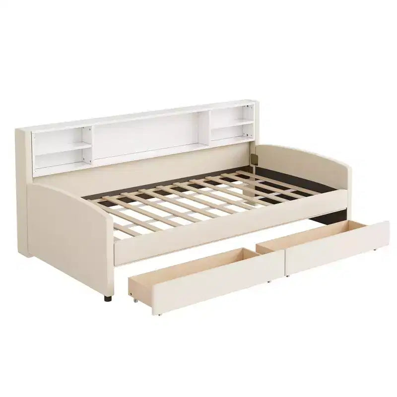 Cama de plataforma tapizada de terciopelo tamaño individual Luxystar con estantes de almacenamiento y 2 cajones para sala de estar