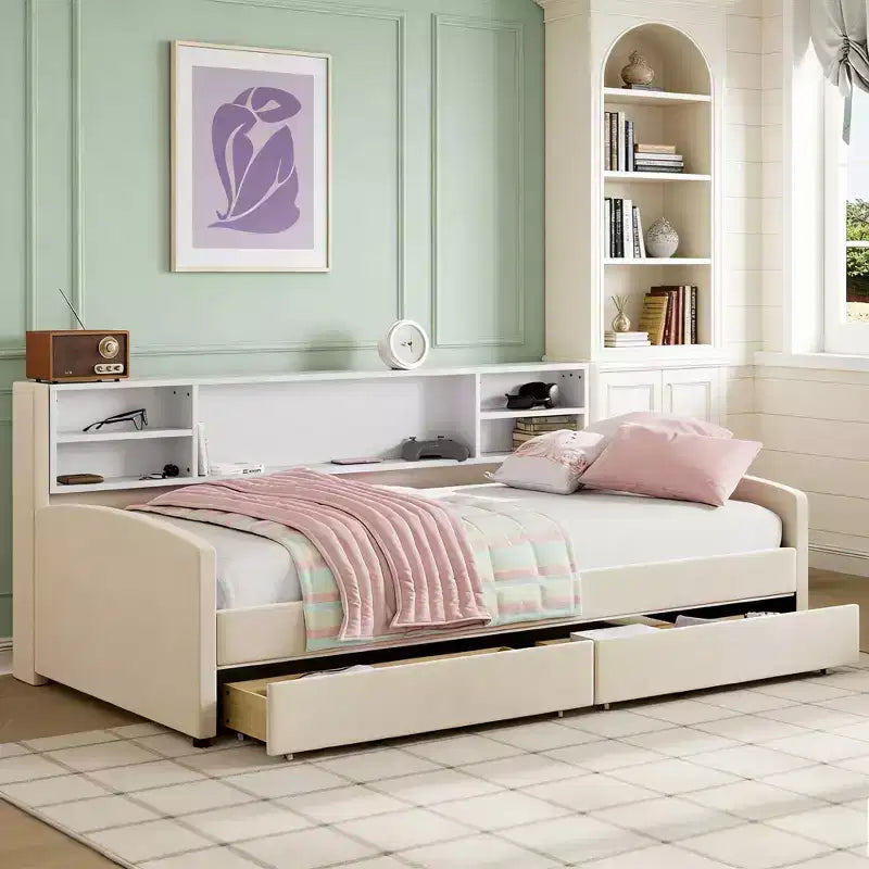 Luxystar Twin size Velvet Upholstered Platform Bed with Storage Shelves and 2 Drawers for Living Room