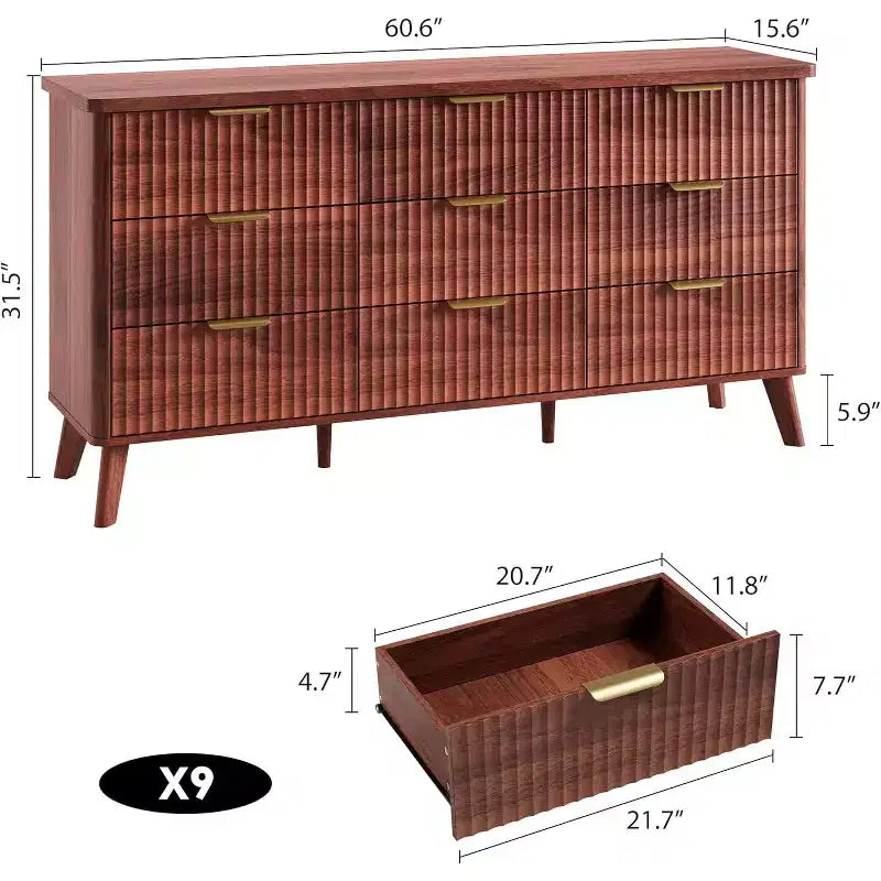 Cómoda de 60.6" de ancho con 9 cajones hondos - Mueble de TV moderno y cómoda para dormitorio, sala de estar y pasillo