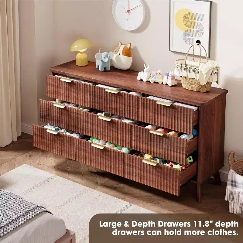 Cómoda de 60.6" de ancho con 9 cajones hondos - Mueble de TV moderno y cómoda para dormitorio, sala de estar y pasillo