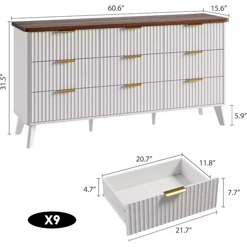 Cómoda de 60.6" de ancho con 9 cajones hondos - Mueble de TV moderno y cómoda para dormitorio, sala de estar y pasillo