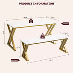 Juego de comedor para 4 personas: mesa rectangular con cubierta de imitación mármol y 2 bancos con estructura de metal - Ahorra espacio para cocina, comedor y apartamento.