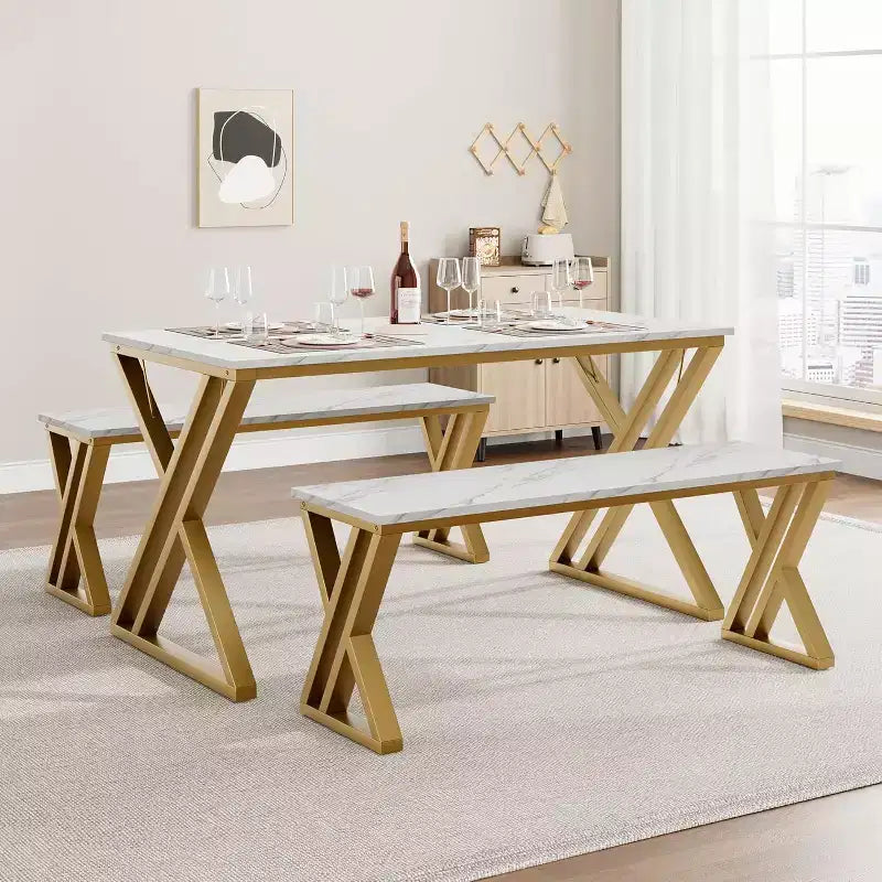 Juego de comedor para 4 personas: mesa rectangular con cubierta de imitación mármol y 2 bancos con estructura de metal - Ahorra espacio para cocina, comedor y apartamento.