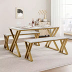 Juego de comedor para 4 personas: mesa rectangular con cubierta de imitación mármol y 2 bancos con estructura de metal - Ahorra espacio para cocina, comedor y apartamento.