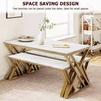Juego de comedor para 4 personas: mesa rectangular con cubierta de imitación mármol y 2 bancos con estructura de metal - Ahorra espacio para cocina, comedor y apartamento.