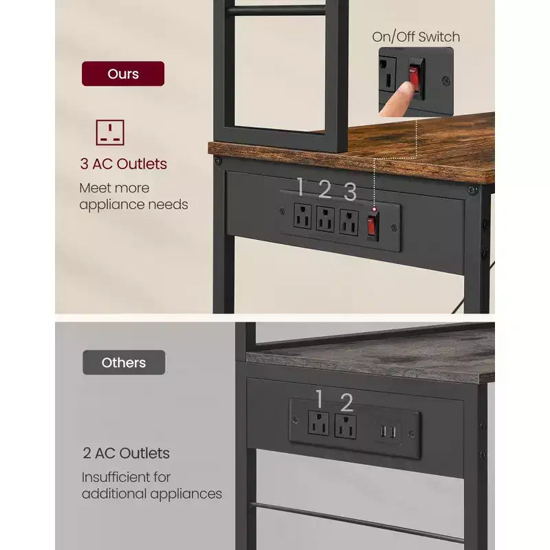 Estante para panaderos con toma de corriente, estante para barra de café de 65.7 pulgadas con estante ajustable y 6 ganchos, soporte para microondas para cocina