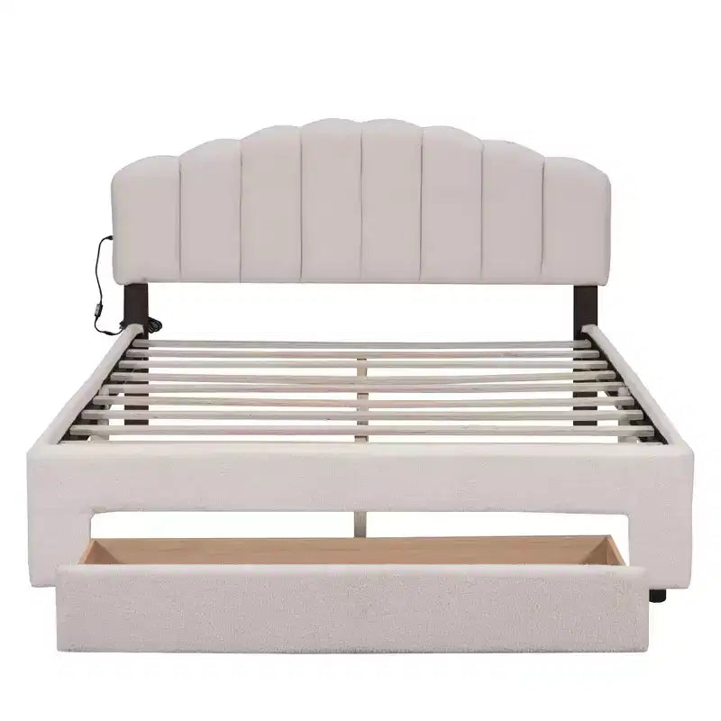 MAYEERTY Cama plataforma tapizada de felpa de forro polar, tamaño Queen, con cajones, dormitorio, beige