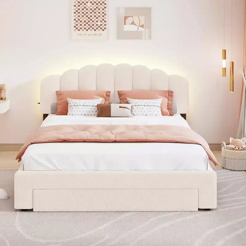 MAYEERTY Cama plataforma tapizada de felpa de forro polar, tamaño Queen, con cajones, dormitorio, beige