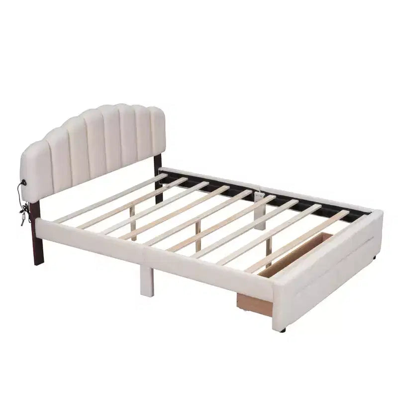 MAYEERTY Cama plataforma tapizada de felpa de forro polar, tamaño Queen, con cajones, dormitorio, beige